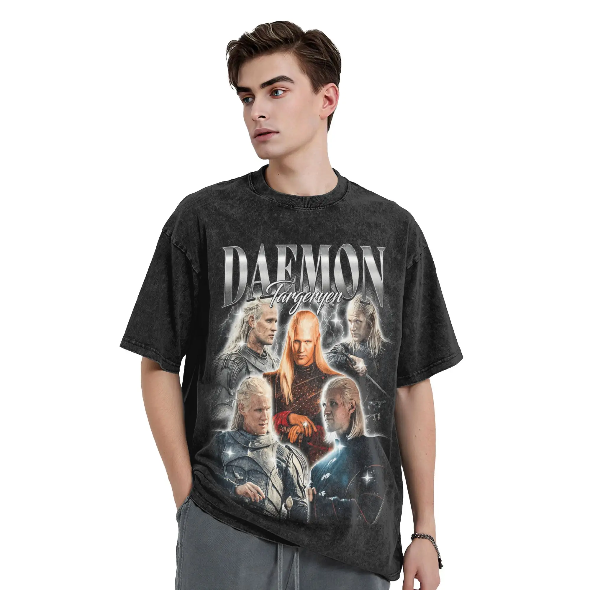 Daemon Targaryen Houses of The Dragons Washed T-Shirts Streetwear Hip Hop Vintage T-Shirt Herren Baumwolle Oversize Sommer – Detail 1