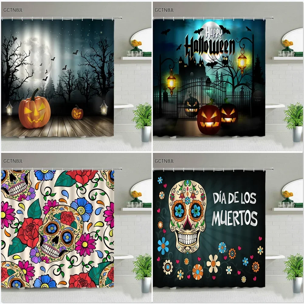 Halloween Pumpkins Shower Curtains Set Cute Cartoon Skull Witch Moon Holiday Children Bathroom Decoration Bath Screen With Hooks