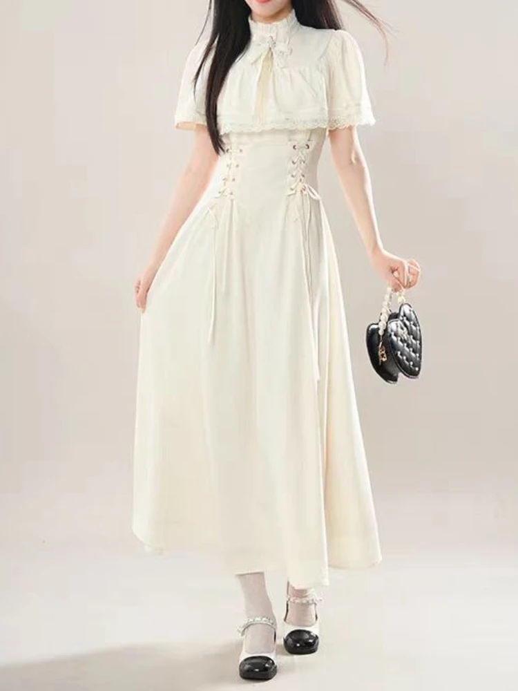 أزياء أنيقة القوس فستان طويل المرأة الصيف فرنسا الحلو الدانتيل يصل فساتين لوليتا الإناث تصميم جديد شيك كيب ريترو ملابس جميلة #4
