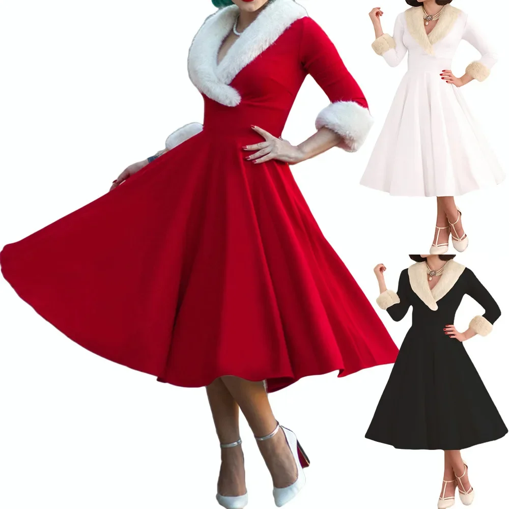 

New Year Christmas Dress Women Christmas Sexy Costume Long Sleeve V Neck Plush Warm Party Pleated Elegant Tunic Swing Dresses