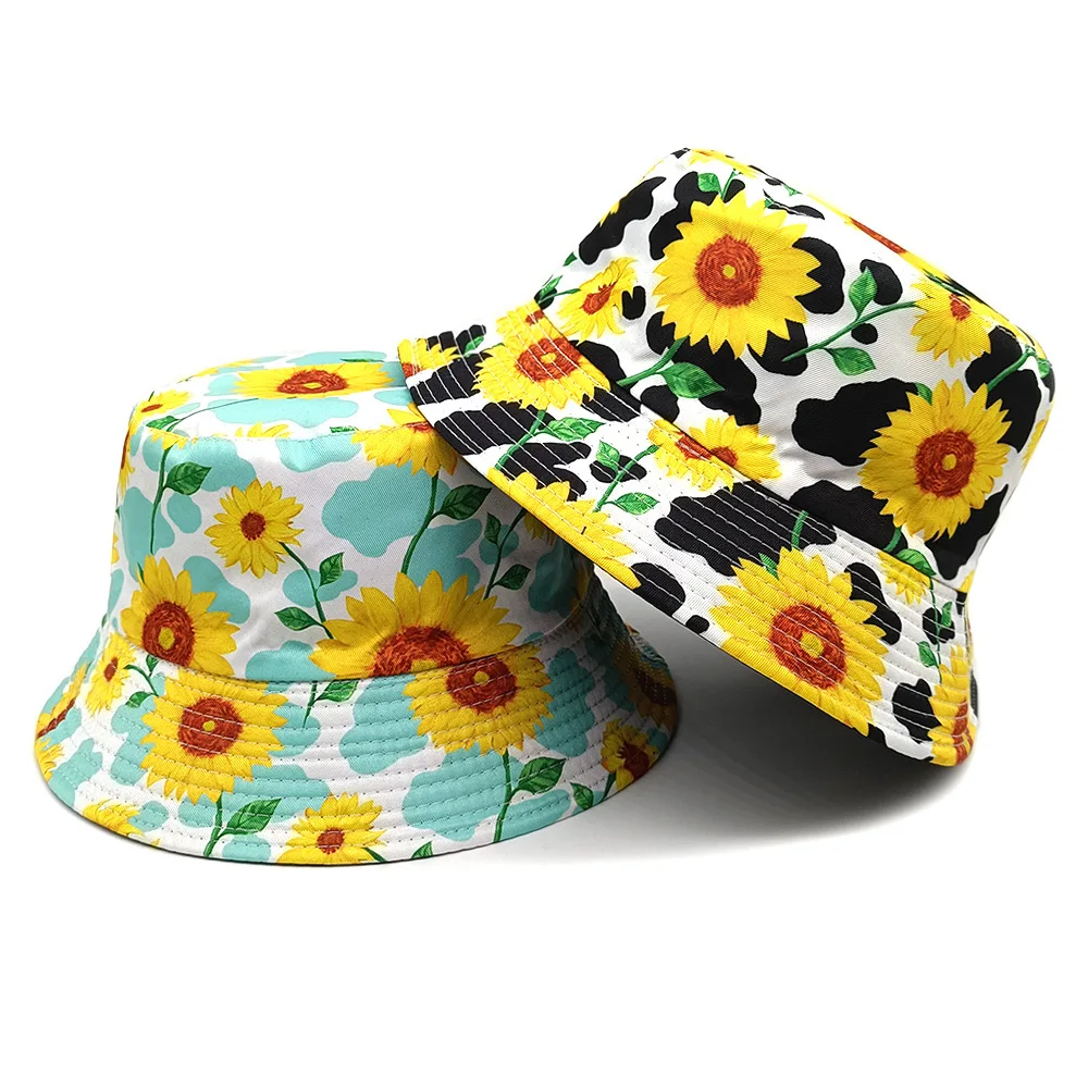 Women's Reversible Cow Print New Sun Hat  Fisher Hat with Sunflower Flower Print UV Protection Bucket Hat