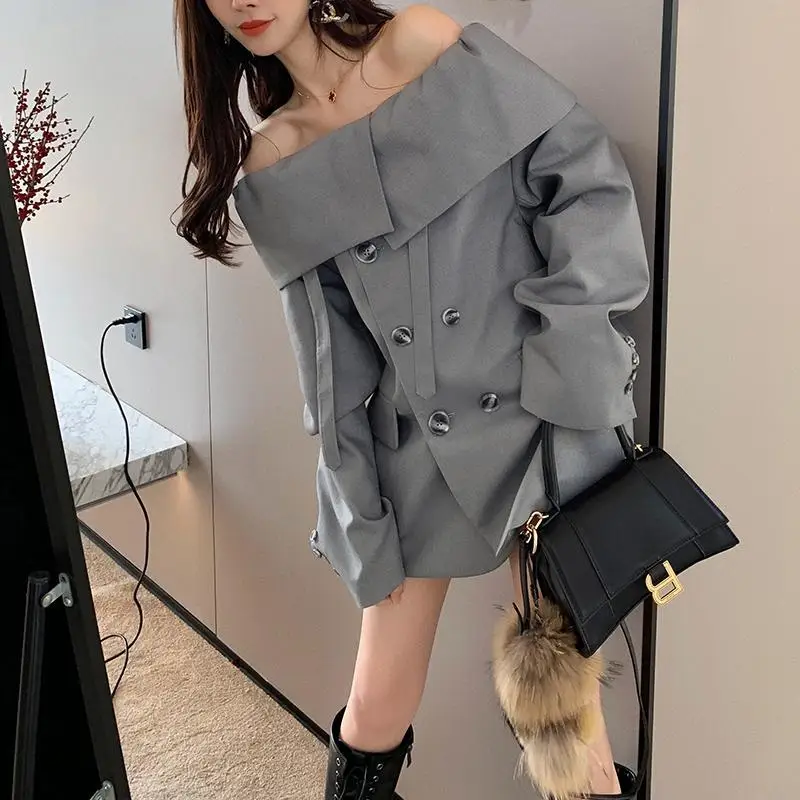 Sexy One-word Shoulder Small Suit Top Women's Spring High-waisted Straight Wide-leg Slacks Suit
