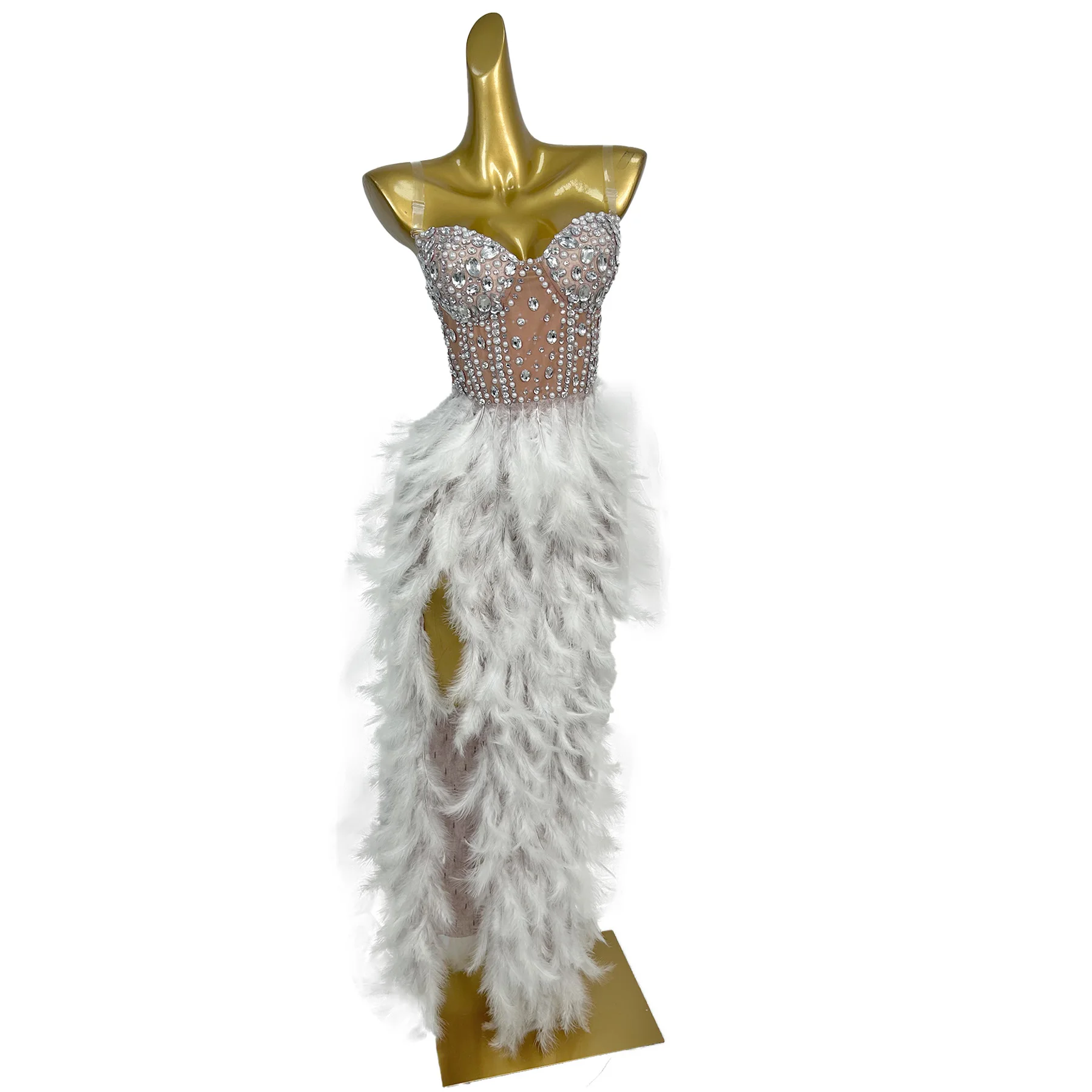 Yumao Fashion Women Rhinestone Dress Sexy Mesh Splicing Feather Slit Dress Stage Performance Dress Birthday Christmas Prom Gowns