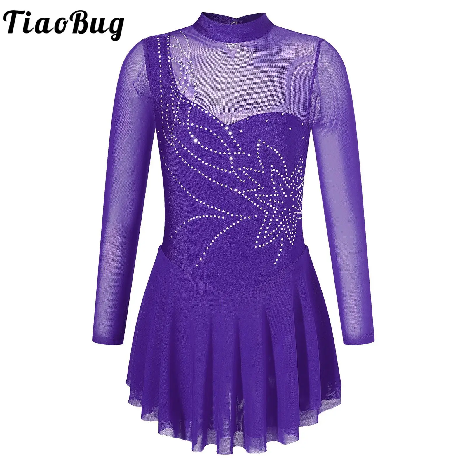 

Shiny Rhinestone Figure Skating Dance Dress Kids Girls Ballet Rhythmic Gymnastics Leotard Tutu Long Sleeve Sheer Mesh Dancewear