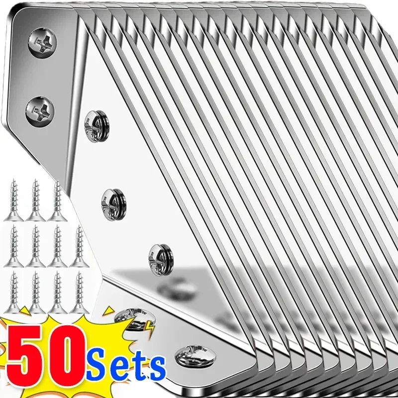 50/1Sets Furniture Corner Connector Stainless Steel Corner Brackets With Screw Angle Shelf Corners Brace Fastener Hardware Kits