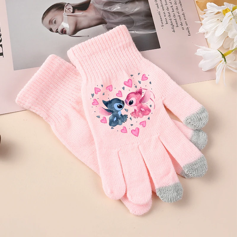 New Stitch Angel Girls Gloves Cute Disney Cartoon Figure Printed Gloved Children Winter Warm Accessories Kids Christmas Gifts