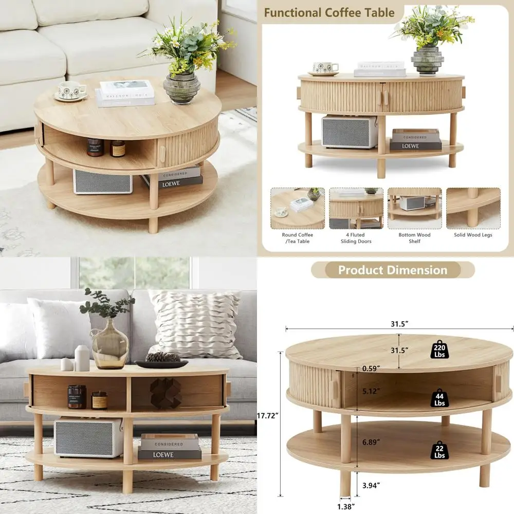 

31.5” Round Coffee Table with Storage, Mid Century Modern 2 Tier Coffee Table with Tambour Sliding Door, Solid Wood Legs Fluted