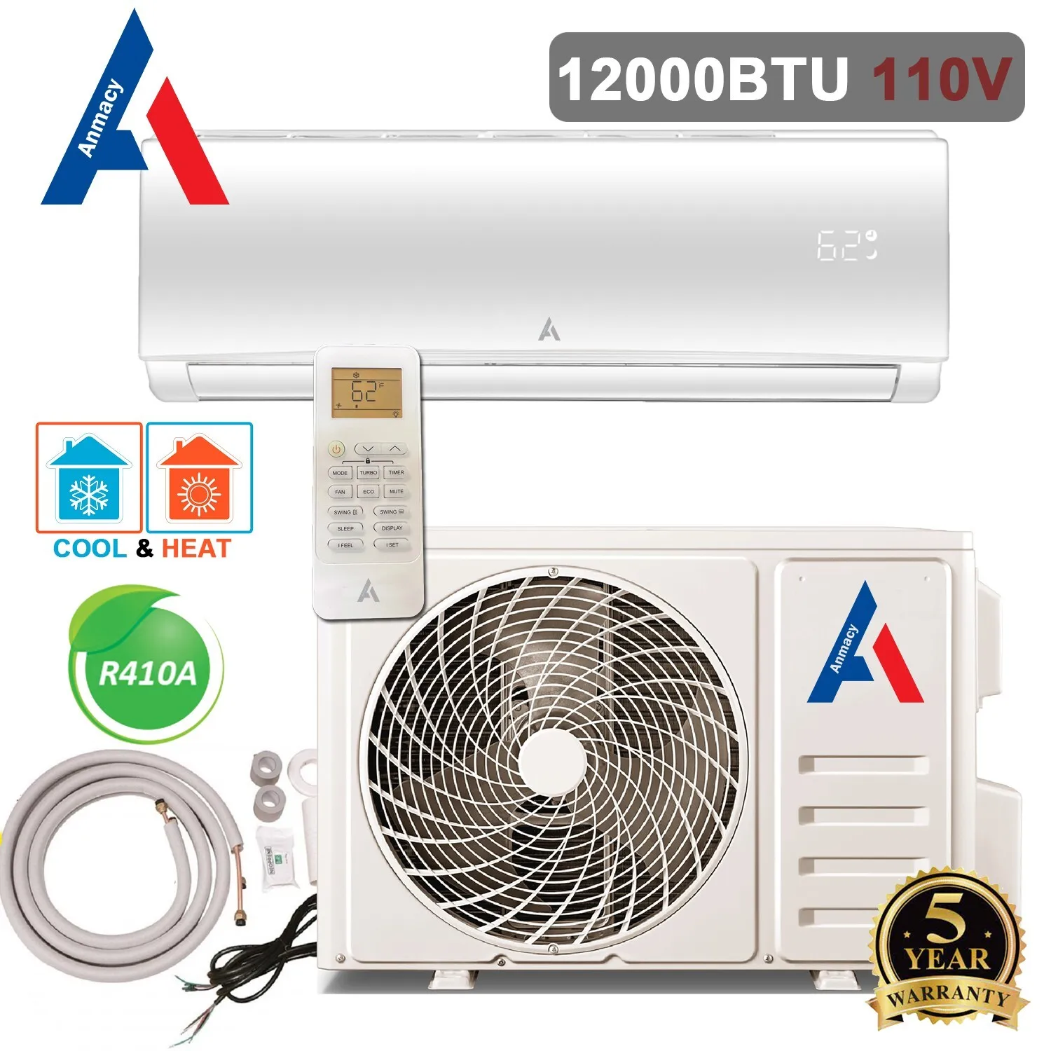

12,000 BTU Ductless Air Conditioner AC Heat Pump Mini Split 110V 1 Ton W/kit
