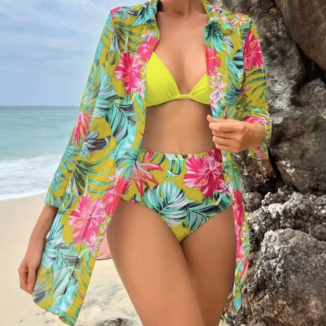 Bikini triangular con cuello Halter de 3 piezas, traje de baño estampado 2025, traje de baño femenino de cintura alta, bañadores tipo kimono, traje de baño para nadar