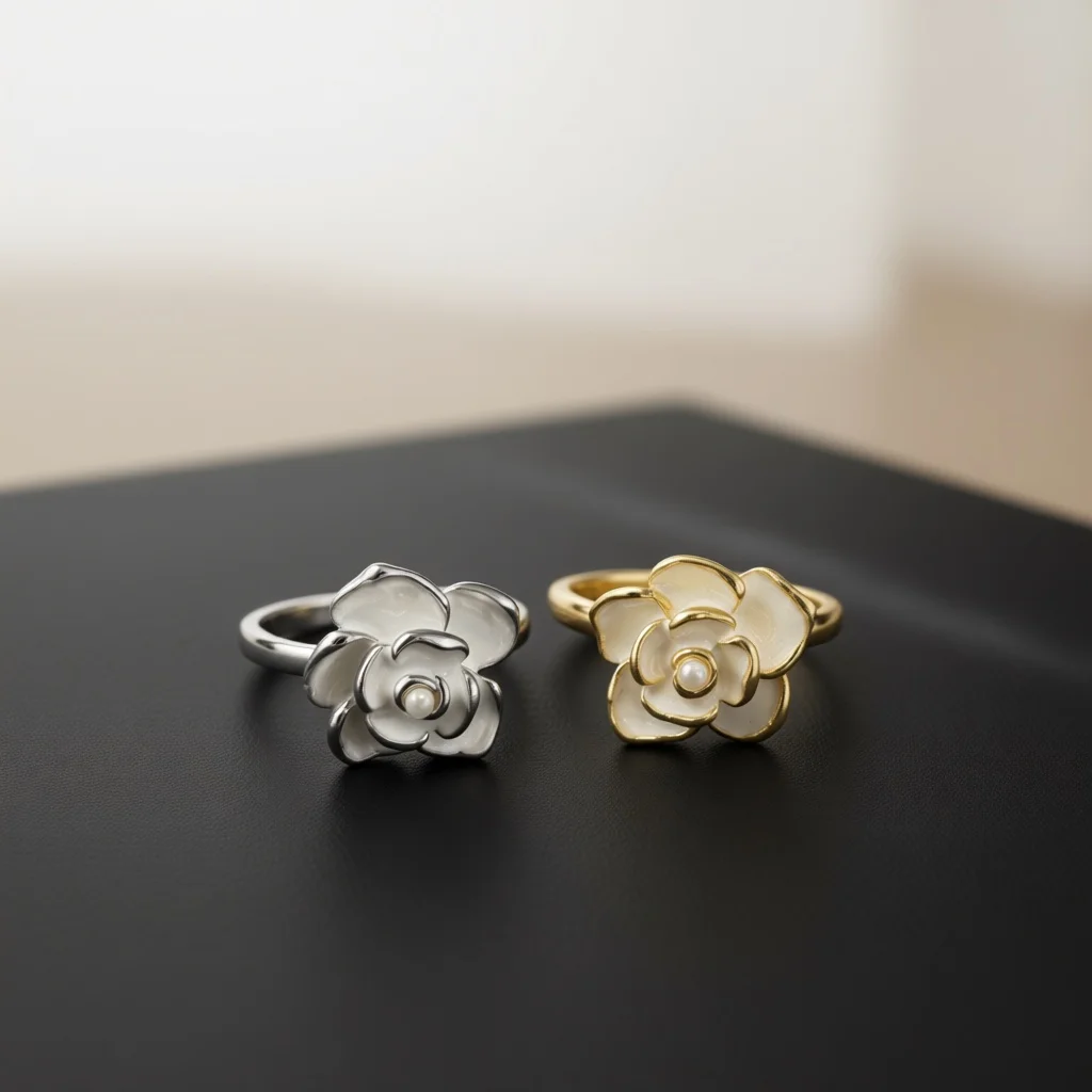 Camellia Flower Ring Enamel Multi‑Layer Petal Design Inlaid Central Pearl Elegant Vintage Style Adjustable Band Women Jewelry