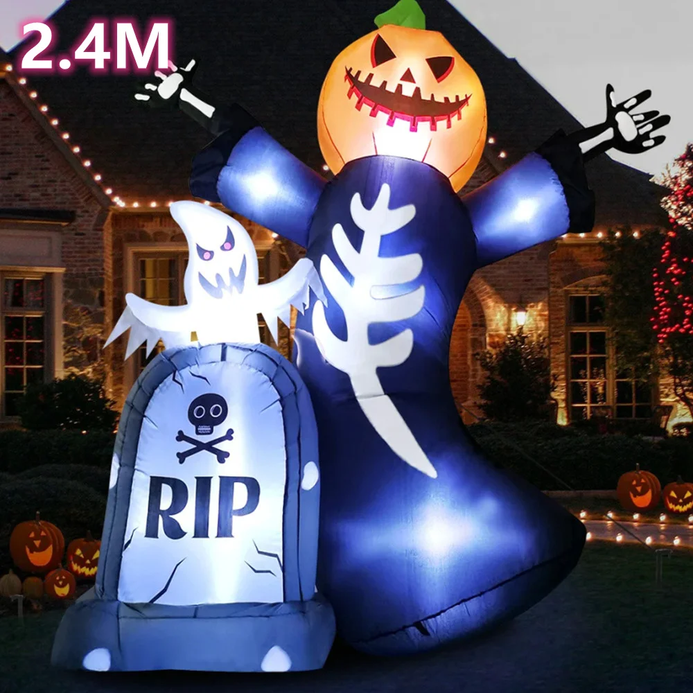 8FT Halloween Inflatables Decor Tombstone Ghost Pumpkin Skull With Led Outdoor Toys Holiday  DecorationsYard Party Blow Up