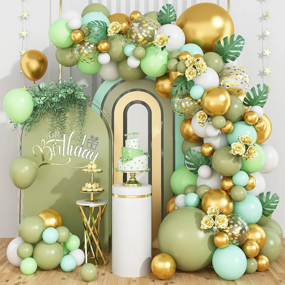 Salbei grün & Gold Ballon Bogen Girlande Set, olivgrüne Ballon Girlande mit Weißgold Konfetti Ballon für Geburtstags feier Baby party Hochzeit, Dschungel Wildlife tropische Dinosaurier Party Dekor