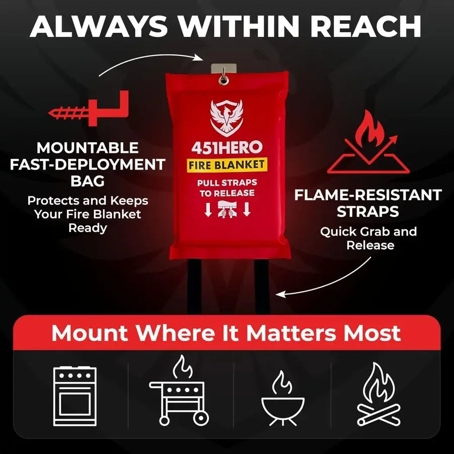 بطانية حريق مكونة من 4 قطع، معتمدة ثلاثية، مريحة من الألياف الزجاجية الآمنة للبشرة، بطانيات حريق للمنزل، المطبخ، RV، أمبير للتخييم