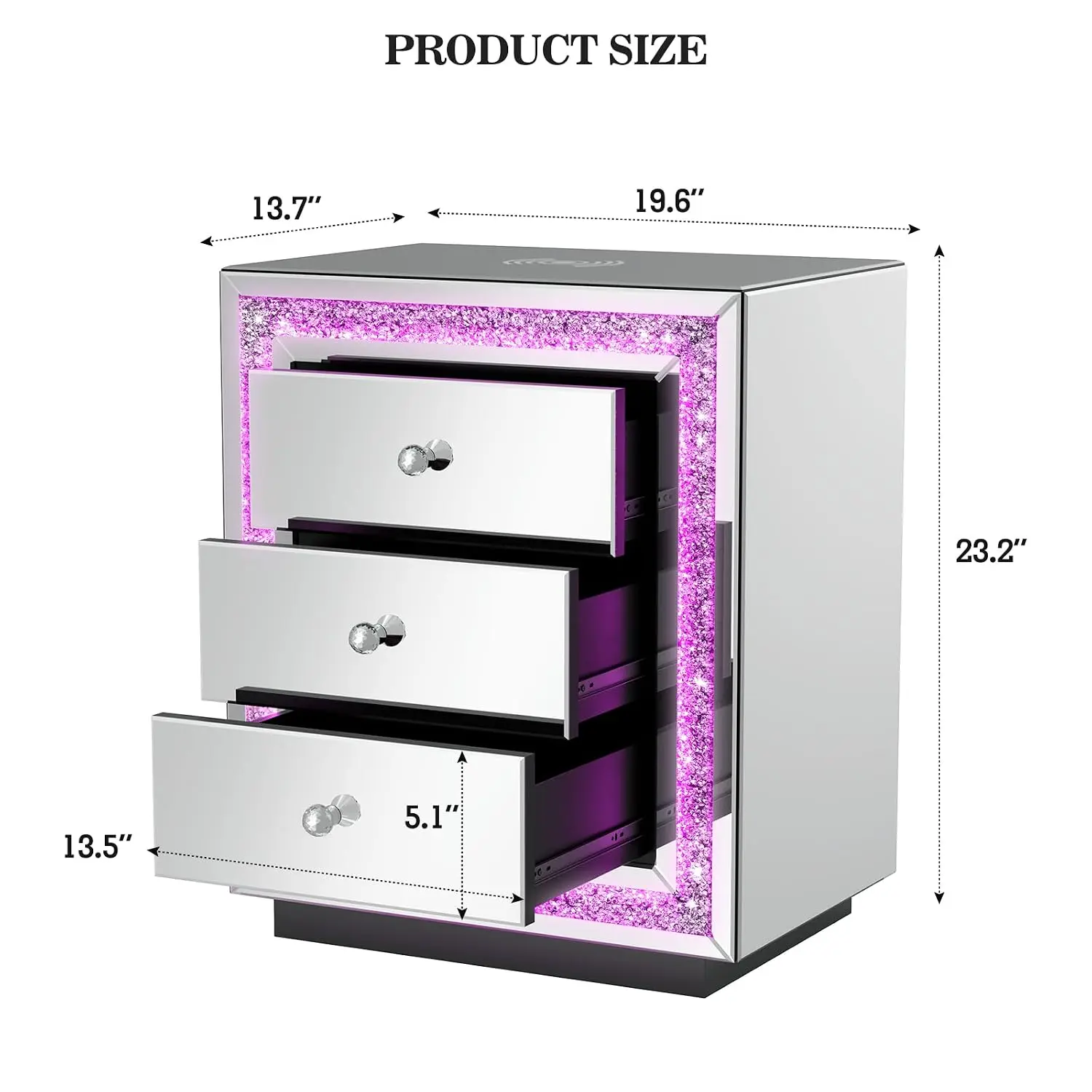 Mirrored Nightstand with LED Light & Wireless Charging, 3 Drawers | Crushed Diamond Bedside Table with 3 Drawers, Customized