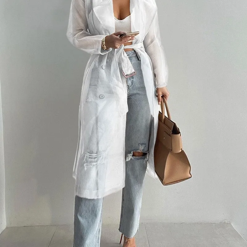 Cárdigan con mangas abullonadas, camisa de longitud media, chaqueta con cordones, chaqueta fina holgada de Color sólido para primavera y verano, ropa para mujer