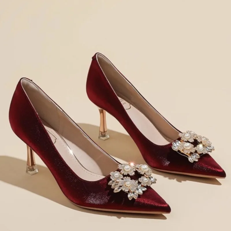 

Women Fall Winter 2026 Satin Dress Square Button Single Shoes Rhinestone High Heel Wedding Shoes
