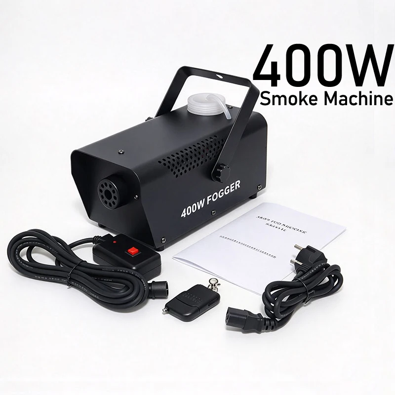 Máquina de humo de 400 W, equipada con control por cable y mando a distancia inalámbrico, para crear efectos de atmósfera y generar humo en escenarios, ideal para diversas ocasiones escénicas.