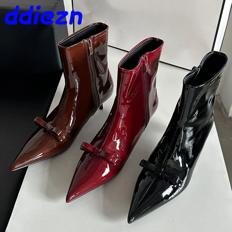 Calzature con tacco basso da donna stivali corti moderni da festa scarpe moda stivaletti da donna con nodo a farfalla scarpe con cerniere femminili