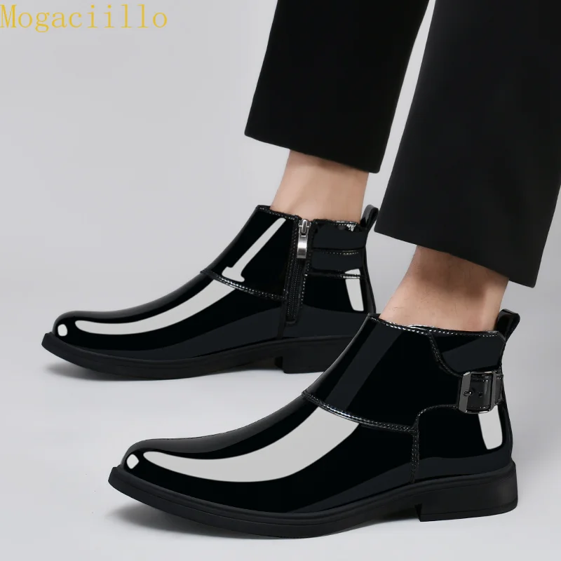 Brand Men's Black Gloss Patent Leather Ankle Boots High Quality Buckle Decor Chelsea Boots Genuine Leather Business Casual Shoes - view 4