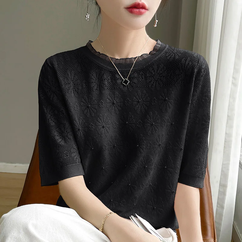 Women's Summer Lace Pearl Pullover Thin Ice Silk Short Sleeve French Solid Color Fashion Mulberry Silk T-Shirt Top