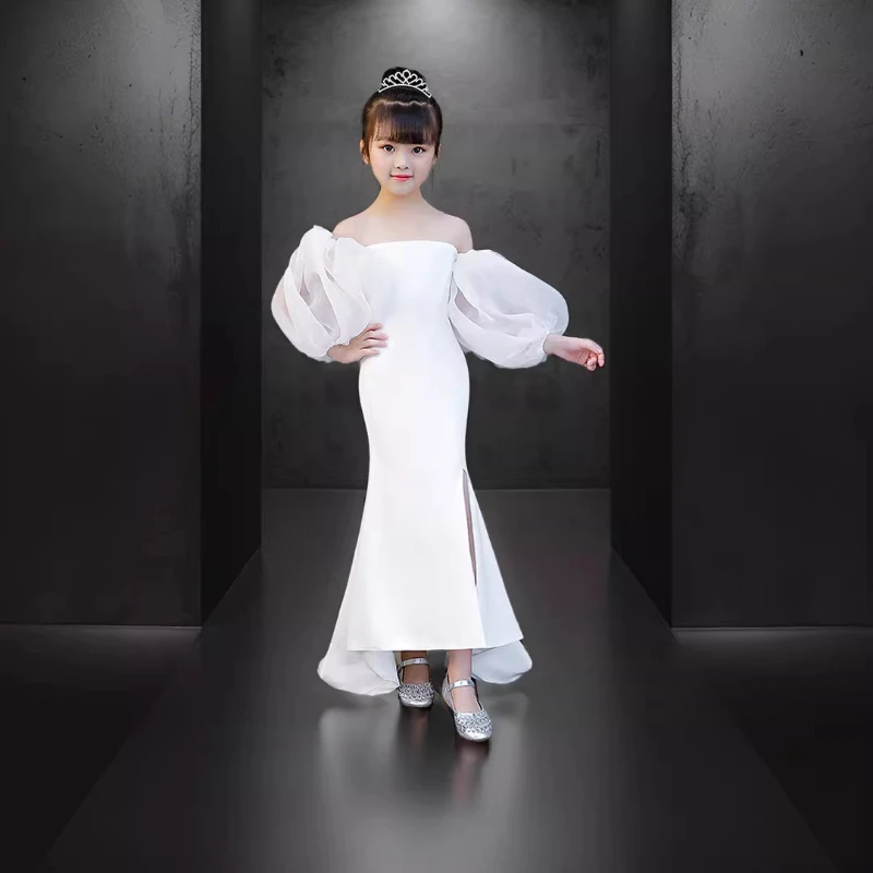 White Girls Strapless Mermaid Dress with Train Princess Gown Kids Celebration Costume Eid Gifts Host Performance Formal Party
