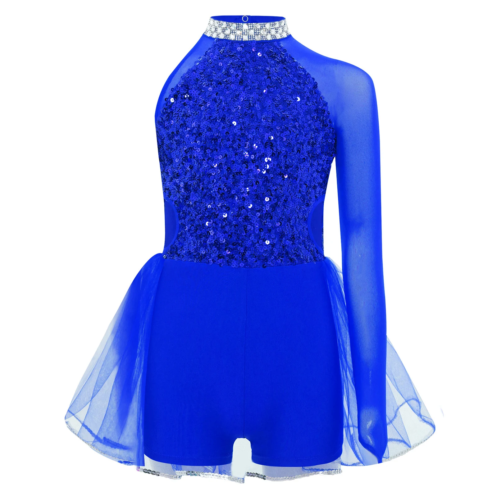 

Sparkling Jazz Ballet Leotard for Girls Asymmetrical Tulle Keyhole Back Skirt Leotard Jazz Dance Bodysuit for Stage Performances