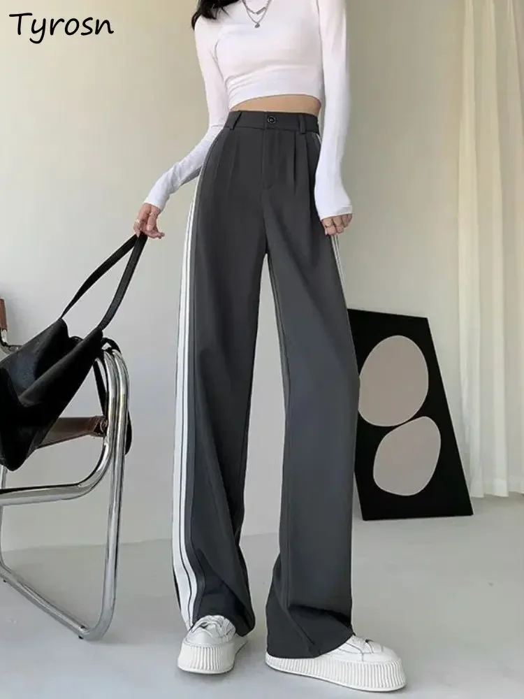 سراويل تقليدية للسيدات تصميم كلاسيكي بسيط مخطط جانبي ريترو أساسي صيفي كل مباراة ملابس الشارع الشهير مكتب السيدات Ulzzang Ins بنطلون