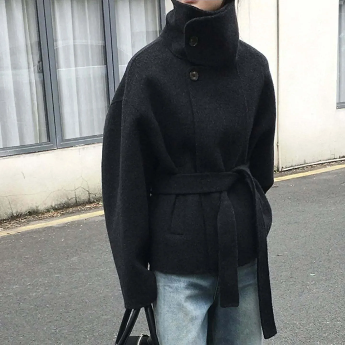 

Stand Collar Trench Coat Women 2025 Fall Winter Button Belt Wool Blend Long Jacket Fashion Outerwear