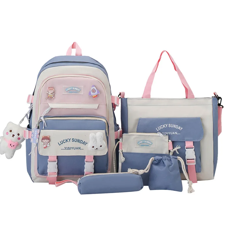 5 Pcs Set Girls Student Backpack Primary School Bag for Teenager Girl Schoolbag Book Bags Pencil Case Women Travel Shoulder Bag