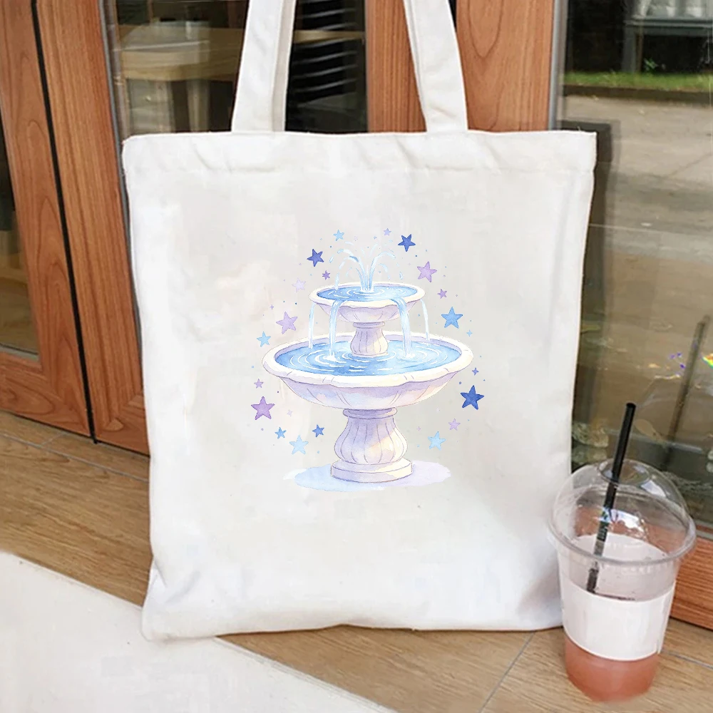 

Pastel Fountain Canvas Tote Bag Watercolor Art Shoulder Bag