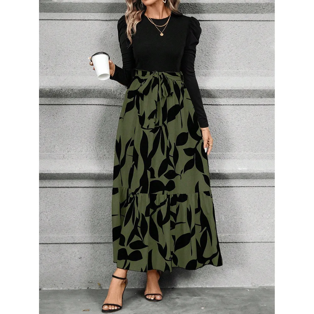 Feminino floral impressão o-pescoço manga longa cintura alta rendas maxi vestido longo outono moda bloco de cores vestidos de festa de férias vestid