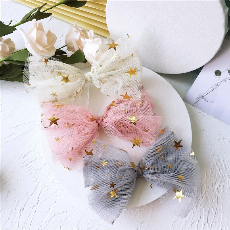 Wholesale 15pcs Glitter Gold Star Tutu Bow Hairpins Big Bowknot Barrettes Fashion Headwear Boutique Hair Accessories for Girls