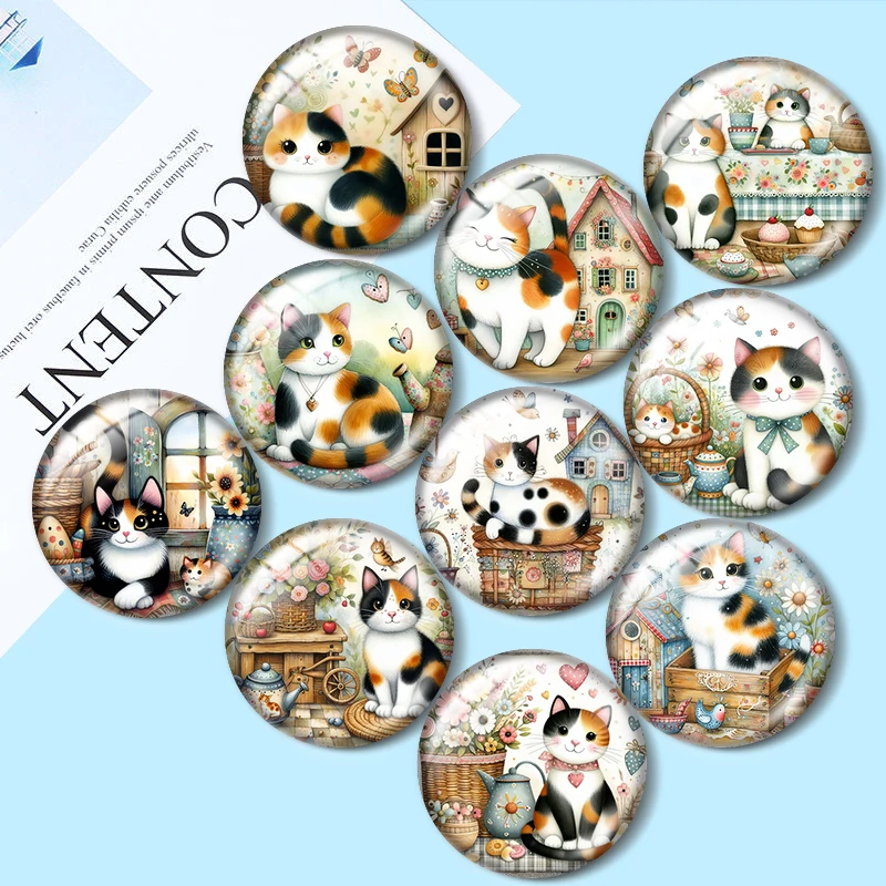 Whimsical Calico Cat 10szt 12mm/16mm/18mm/30mm Okrągły szklany kaboszon fotograficzny 25mm Demo Flat Back Making findings