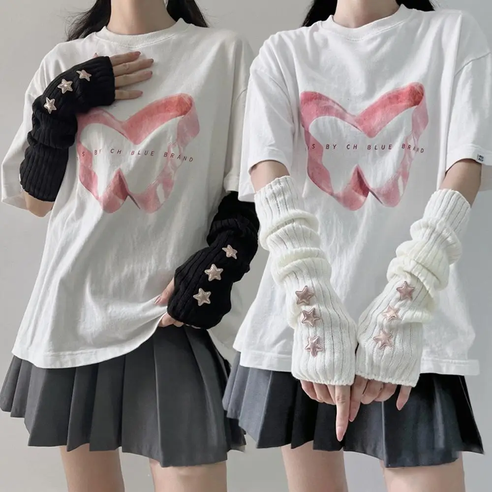 

Вязаные грелки с накладными рукавами, длинные варежки на запястье 30 см, перчатки без пальцев с украшением в виде звезды, модные крутые перчатки с половиной пальца