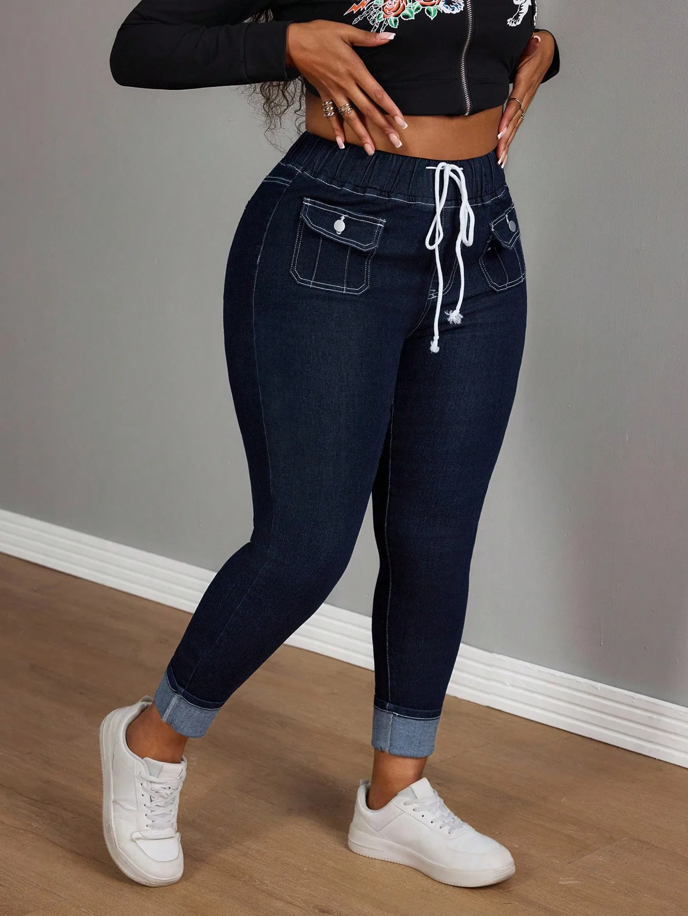 Jeans Ajustados de Cintura Elástica con Cordón para Mujer Talla Grande, con Bolsillos Delanteros, Pantalones Vaqueros Casuales