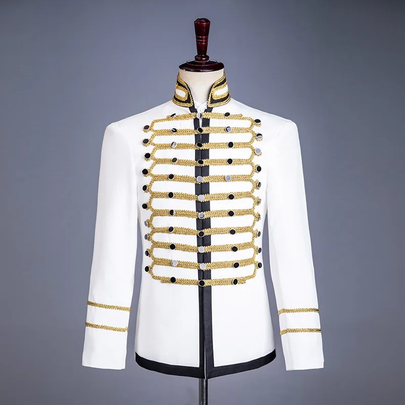 رجل السترة موحدة ثوب أبيض مطعمة مع الذهب المحكمة الأوروبية أداء ملابس رقص للعرض رئيس الرجال ملهى ليلي DJ معطف #1