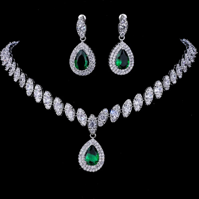 Luxury Emerald Green Necklace and Earring Set Shininy Cubic Zirconia Jewelry Set for Women Bridal Jewelry Set Gift Envio Gratis