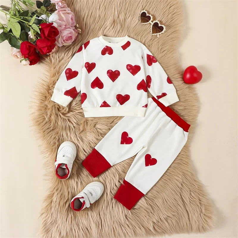 Suefunskry Baby 2Pcs Valentine’s Day Outfits Long Sleeve Heart Print Sweatshirt + Pants Set Toddler Clothes 3-24Months