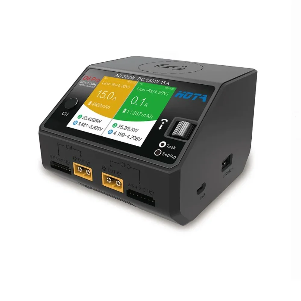HOTA D6 Pro 200W AC/650W DC Cargador dual con carga inalámbrica para baterías de drones NiZn/NiCd/NiMH RC