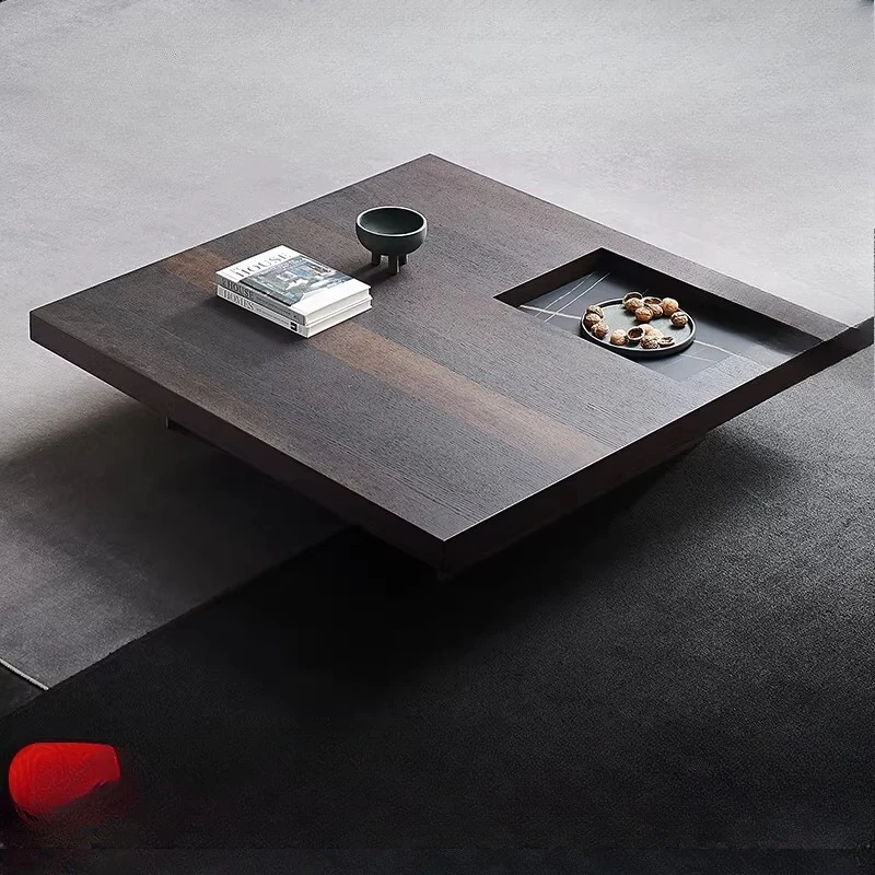 

Minimalist coffee table, small apartment simple living room, creative square smoked veneer