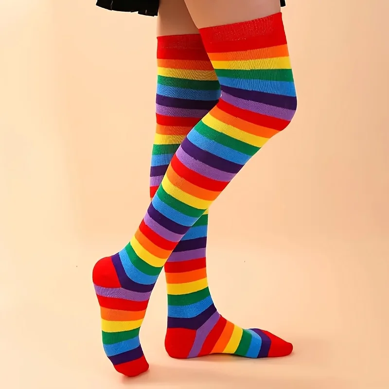 Colorful Striped Rainbow Long Socks - Christmas Stocking Over-the-Knee Socks - Multicolor Rainbow Stripes - 21.65inch Length