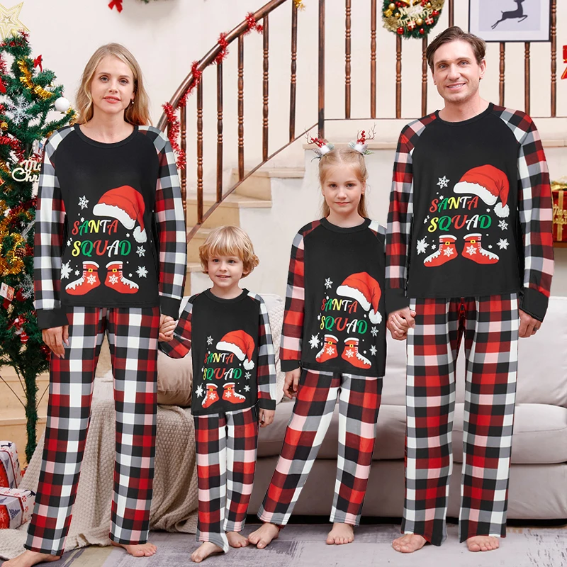 

Festive Family Matching Christmas Pajamas Set with Long Sleeve Santa Hat Boots Print Tops and Plaid Pants for Winter Sleepwear