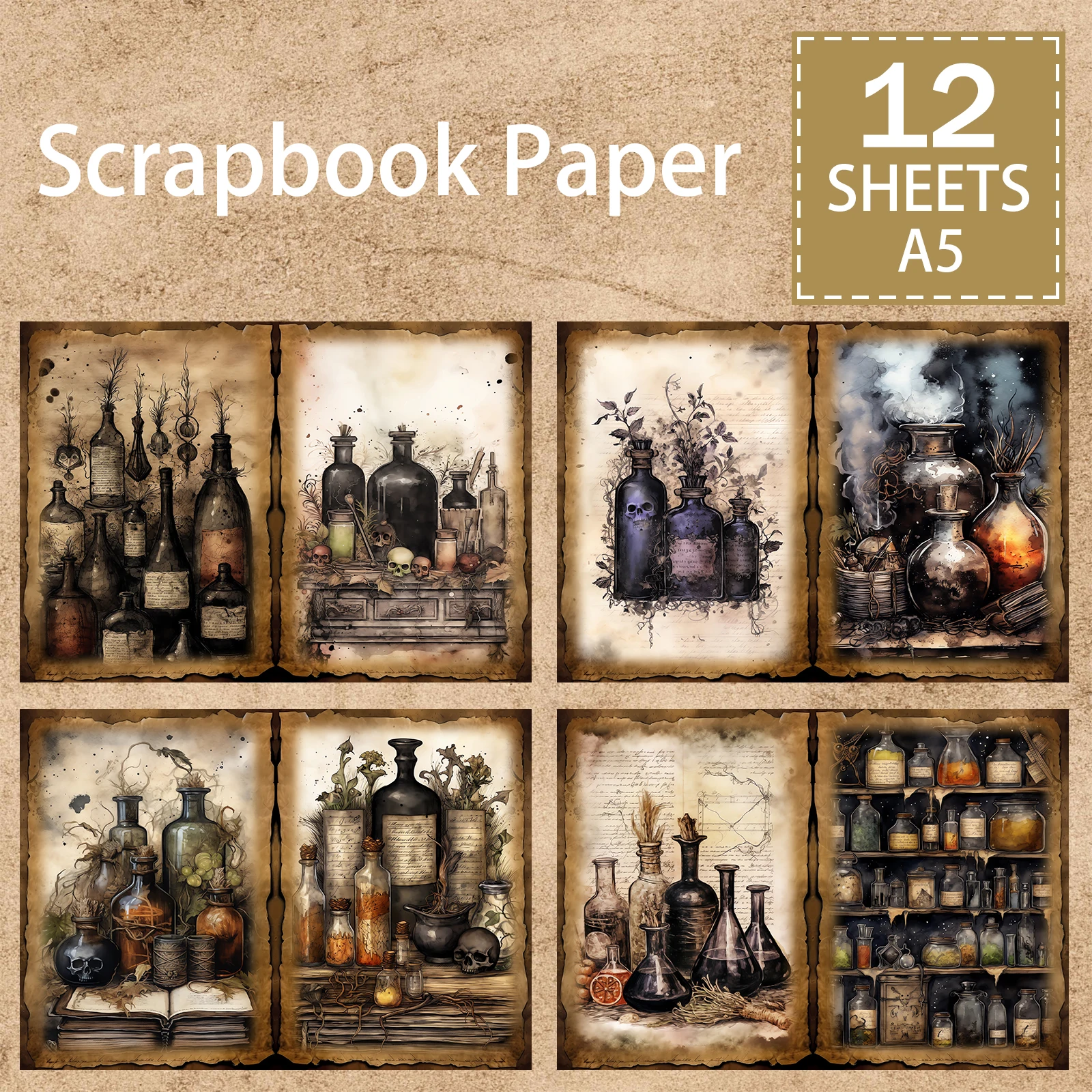 12 Sheets A5 Size Halloween Dark Gothic Poison Bottle Skull Background Vintage Grunge Journal Planning Scrapbooking
