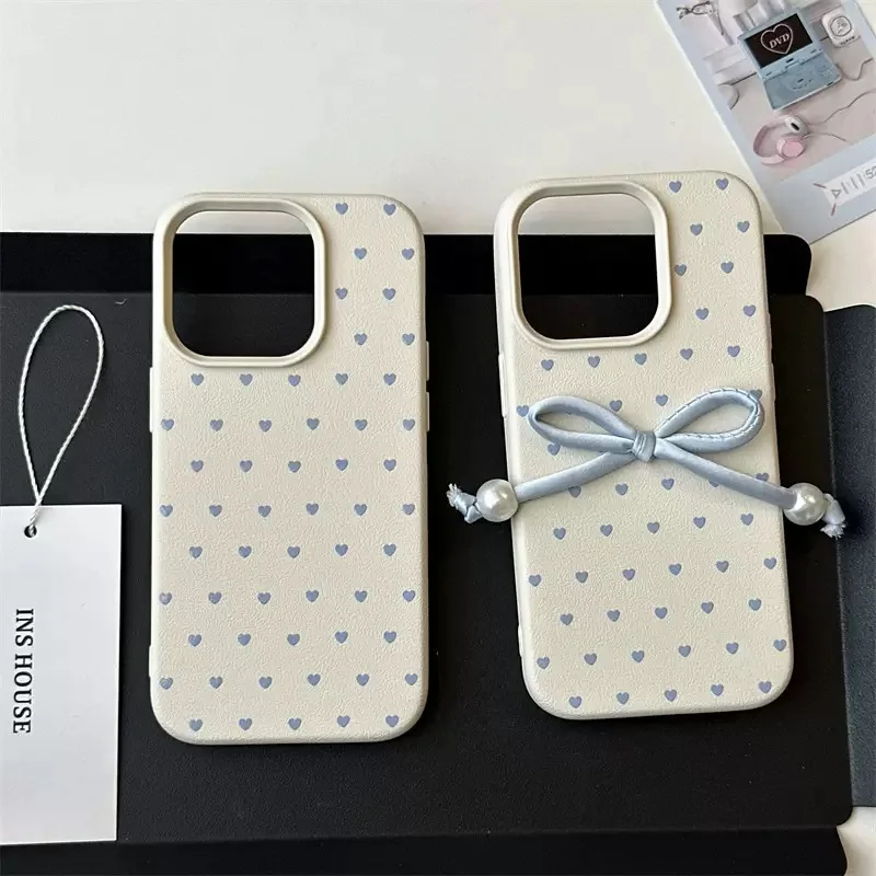 Ins Blue Love Lichee Leather Pattern Phone Case For Samsung S25 S24 S23 S22 S21 S20 S10 Plus FE Ultra 4G 5G Shockproof Cover