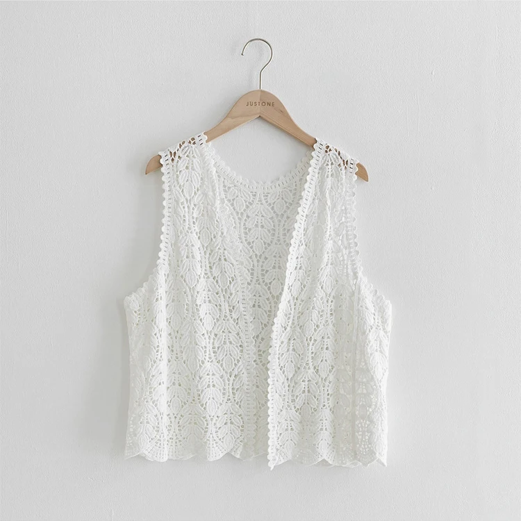 Boho Crochet Knit Vest for Women Cover Up Floral Embroidery Sleeveless Open Front Cardigan Tops Summer Vacation Outfit