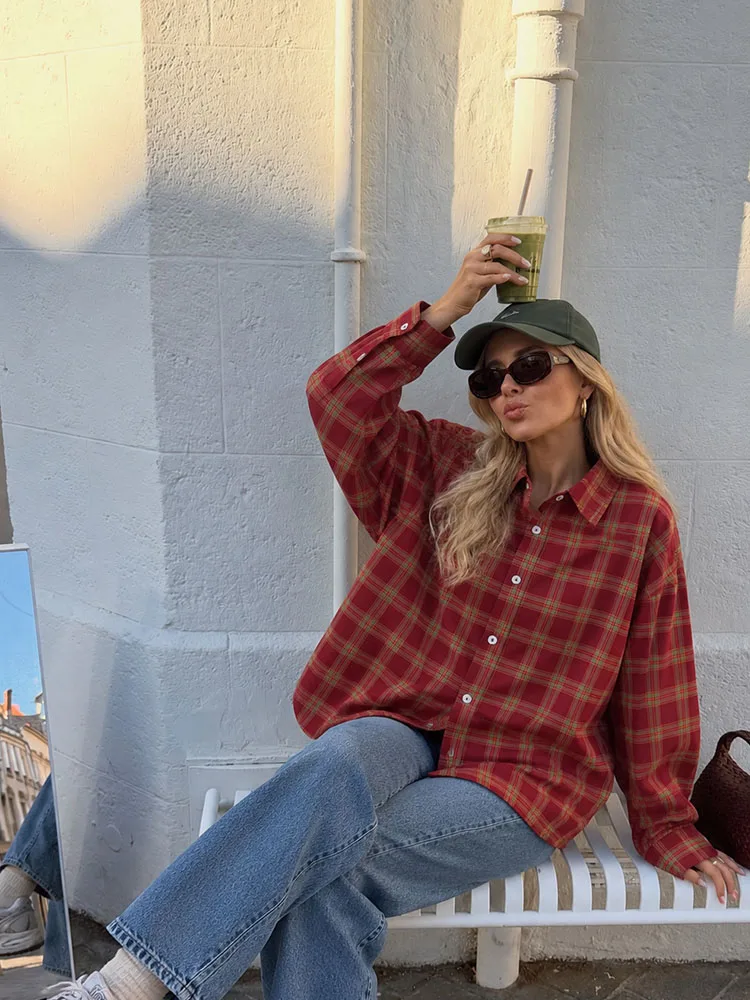 HH Women Red Plaid Shirt Jacket Fall Winter Long Sleeve Button Down Oversized Shacket Casual Streetwear Loose Fit Travel