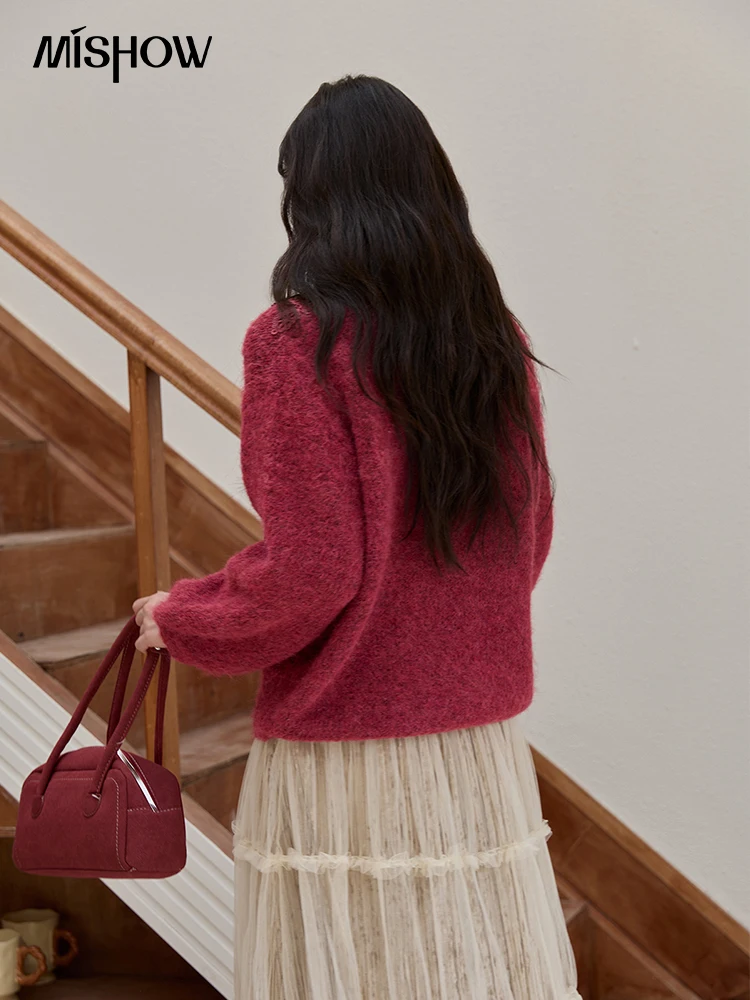 MISHOW Pink Lace Wool Sweater for Woman 2025 Winter Sweet Style V-neck Pullover Casual Loose Lantern Sleeve Sweater MXE51Z2632 - Detail 1