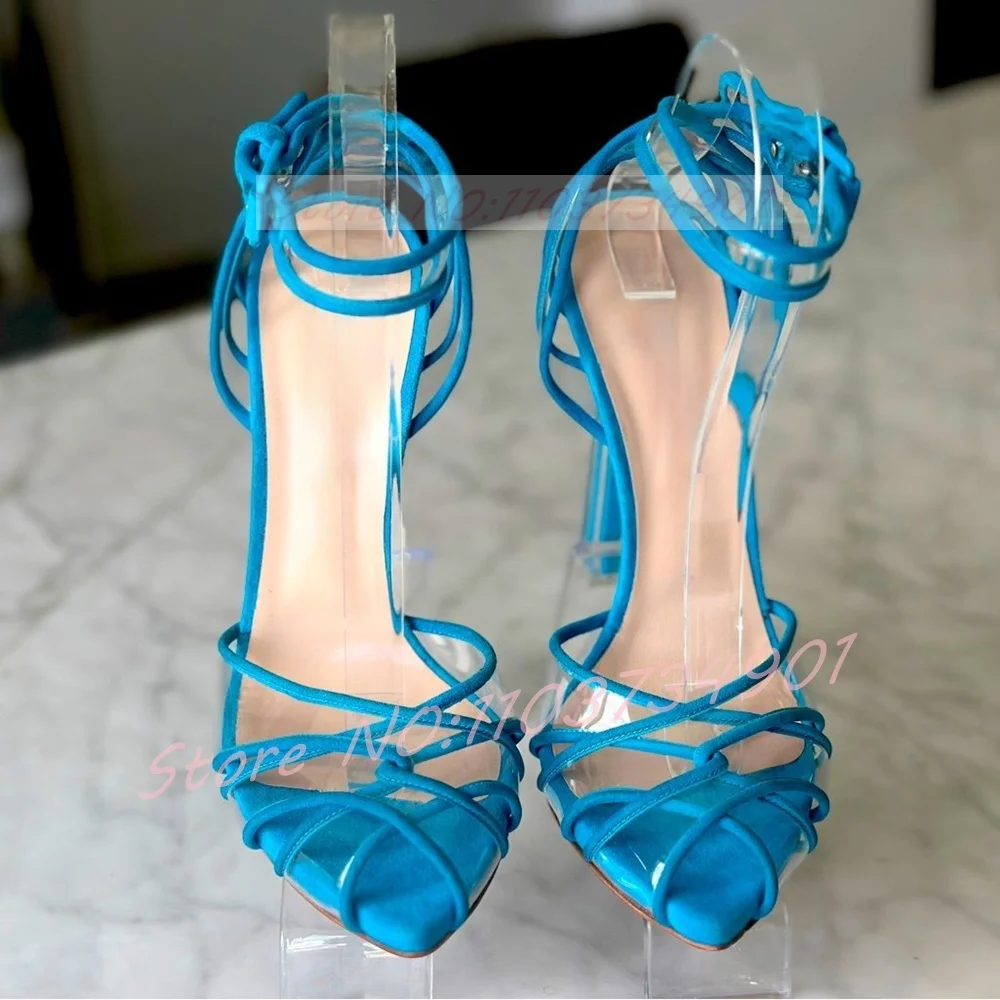

Peep Toe PVC Cage Sandals Women Nifty Blue Flock Ankle Strap Pointed Toe Shoes Female Party Big Size High Heels Shoes