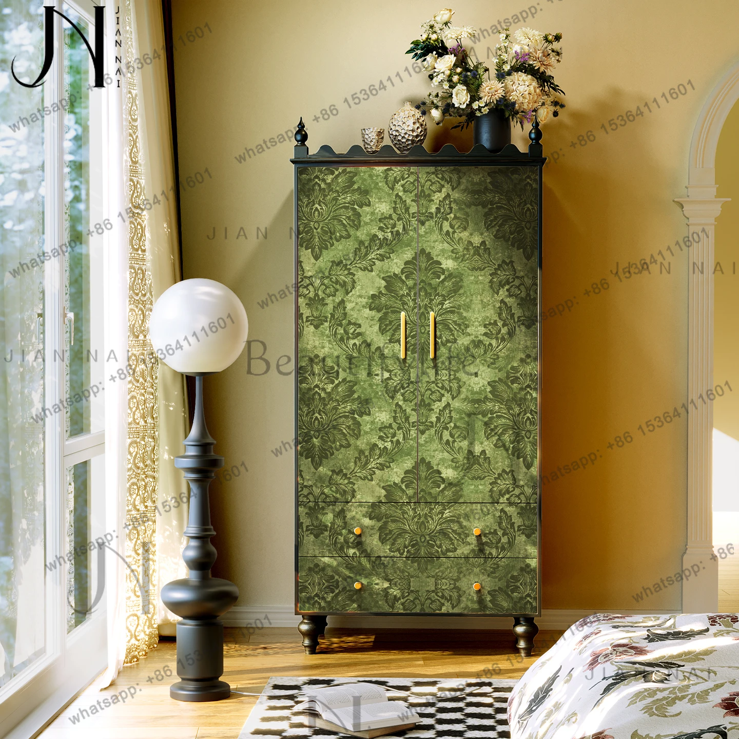 

French vintage solid wood wardrobe living room sofa side drawer storage cabinet