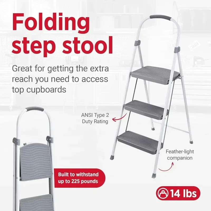 3 Step Folding Ladder, Steel Foldable Step Stool with Hand Grip, White